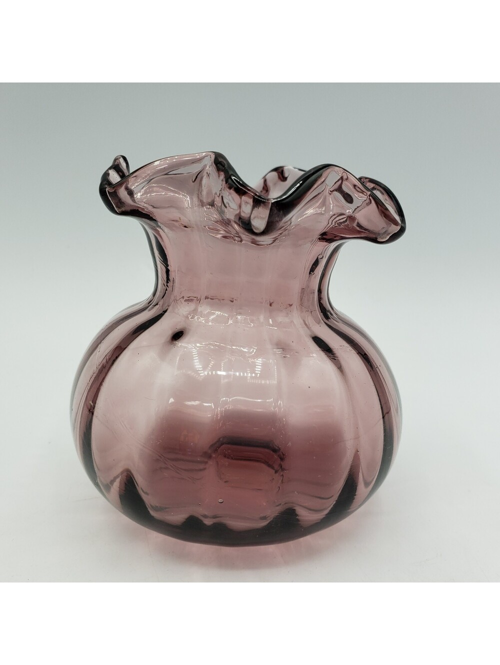 Handblown Purple Amethyst Glass Ruffled Top Round Bottom Vase 4" Tall Bulb Enfor